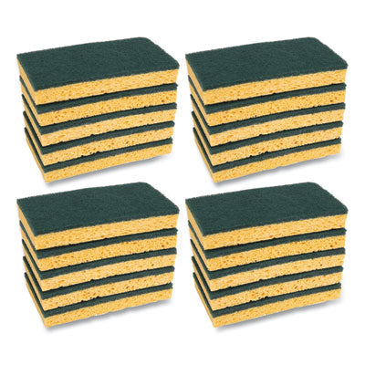 BOARDWALK Scrubbing Sponge, Medium Duty, 3.6 x 6.1, 0.75" Thick, Yellow/Green, Individually Wrapped, 20/Carton