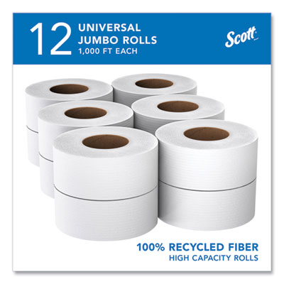 Scott® Essential 100% Recycled Fiber JRT Bathroom Tissue for Business, Septic Safe, 2-Ply, White, 3.55" x 1,000 ft, 12 Rolls/Carton - OrdermeInc