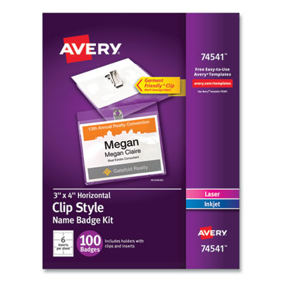 AVERY PRODUCTS CORPORATION Clip-Style Name Badge Holder with Laser/Inkjet Insert, Top Load, 4 x 3, White, 100/Box