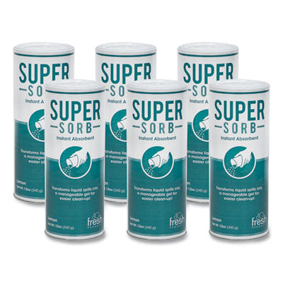 FRESH PRODUCTS Super-Sorb Liquid Spill Absorbent, Lemon Scent, 720 oz, 12 oz Shaker Can, 6/Box - OrdermeInc