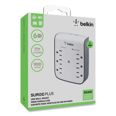 BELKIN COMPONENTS SurgePlus USB Wall Mount Charger, 6 AC Outlets/2 USB Ports, 900 J, White/Black