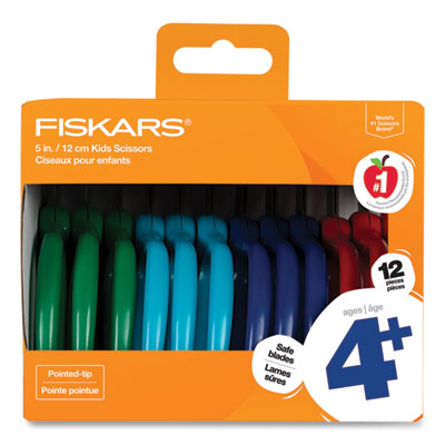 Kids Scissors, Pointed Tip, 5" Long, 1.75" Cut Length, Straight Handles, Assorted Colors, 12/Pack OrdermeInc OrdermeInc