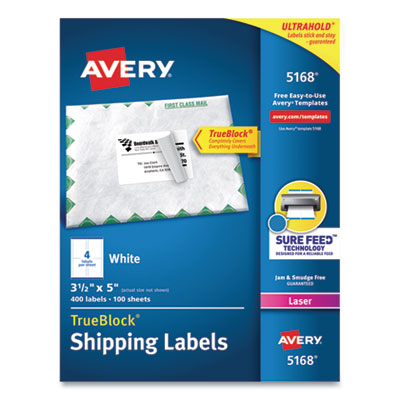 AVERY PRODUCTS CORPORATION Shipping Labels w/ TrueBlock Technology, Laser Printers, 3.5 x 5, White, 4/Sheet, 100 Sheets/Box