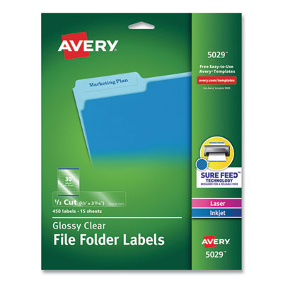AVERY PRODUCTS CORPORATION Clear Permanent File Folder Labels with Sure Feed Technology, 0.66 x 3.44, Clear, 30/Sheet, 15 Sheets/Pack