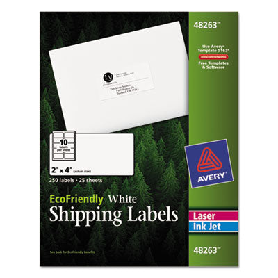 AVERY PRODUCTS CORPORATION EcoFriendly Mailing Labels, Inkjet/Laser Printers, 2 x 4, White, 10/Sheet, 25 Sheets/Pack
