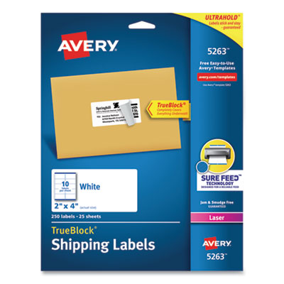 AVERY PRODUCTS CORPORATION Shipping Labels w/ TrueBlock Technology, Laser Printers, 2 x 4, White, 10/Sheet, 25 Sheets/Pack