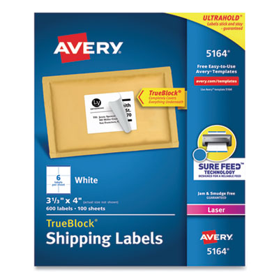 AVERY PRODUCTS CORPORATION Shipping Labels w/ TrueBlock Technology, Laser Printers, 3.33 x 4, White, 6/Sheet, 100 Sheets/Box