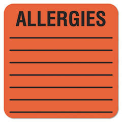 TABBIES Allergy Warning Labels, ALLERGIES, 2 x 2, Fluorescent Red, 500/Roll - OrdermeInc