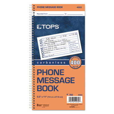 TOPS™ Spiralbound Message Book, Two-Part Carbonless, 5 x 2.75, 4 Forms/Sheet, 400 Forms Total - OrdermeInc