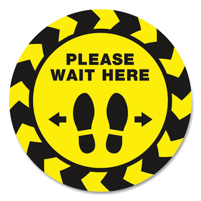 Social Distancing Floor Decals, 10.5" dia, Please Wait Here, Yellow/Black Face, Black Graphics, 5/Pack OrdermeInc OrdermeInc